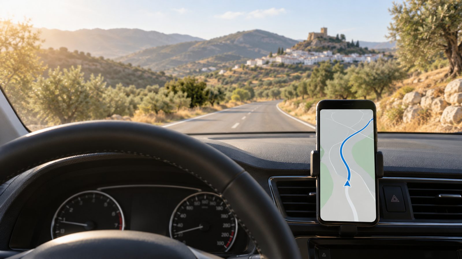 Telefon z nawigacją w uchwycie samochodowym na andaluzyjskiej drodze