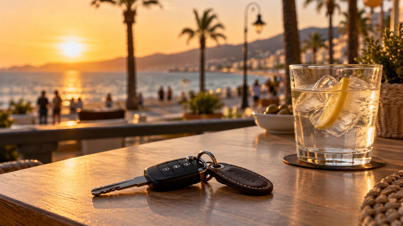 Kluczyki do auta i szklanka wody na stoliku przy plaży na Costa del Sol